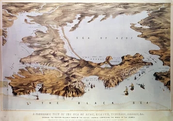 Panoramablick auf das Asowsche Meer mit der alliierten Position, aus Regierungskarten und Plänen und Skizzen eines Militäringenieurs, veröffentlicht von Stannard und Dixon, 1855